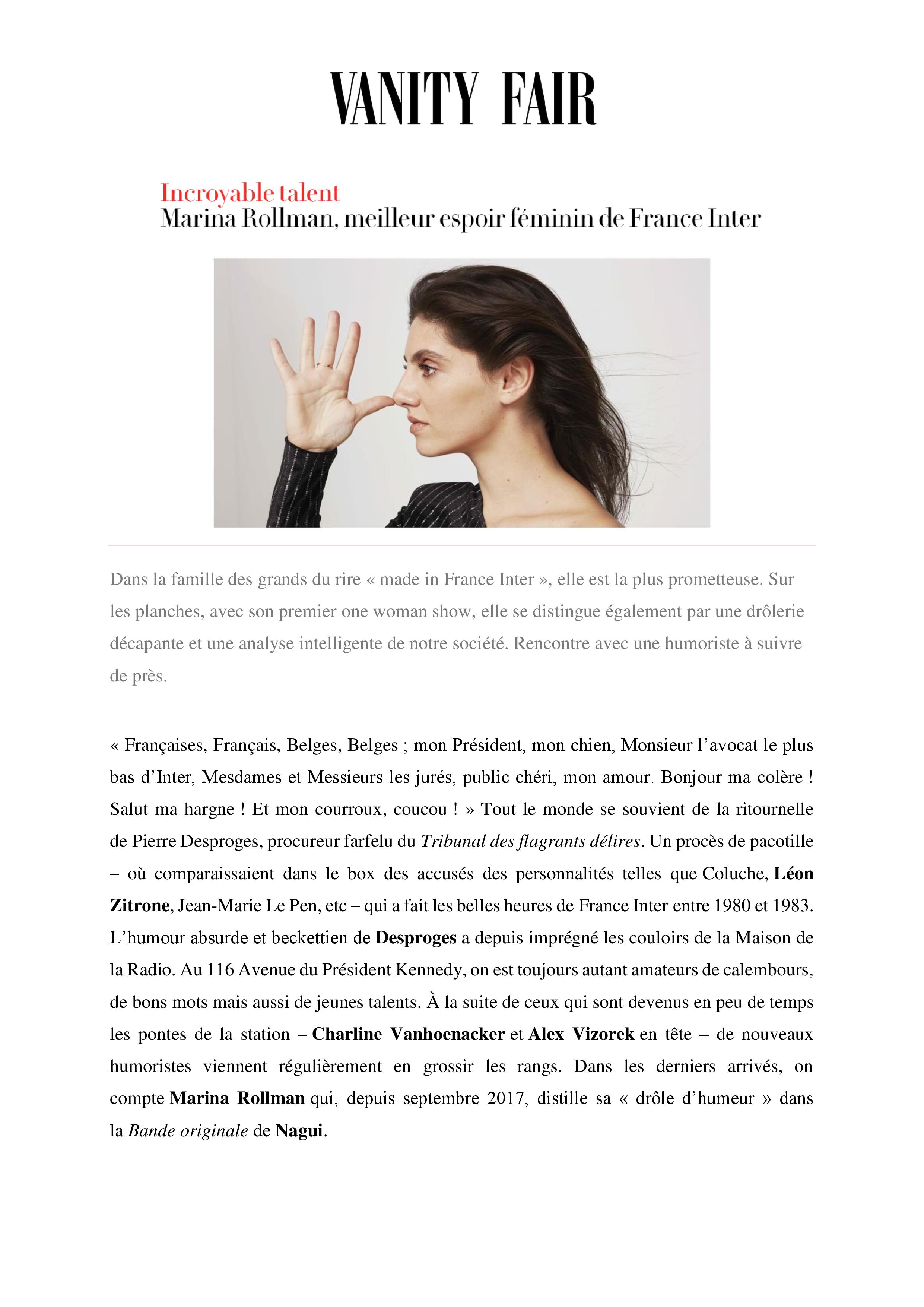 Vanity Fair : Incroyable talent - Marina Rollman, meilleur espoir féminin de France Inter